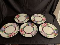 Five matching plates arranged on black backdrop
