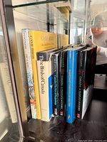 Books on shelf showing dictionary, two Game Birds, Birds of Canada, Collection, Raincoast Chronicles 17, Canada: A People’s History vols 1-2