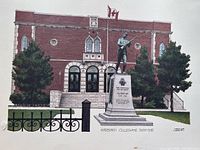 Close view of printed image showing Harbord Collegiate building, statue, fence
