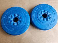Two blue 5 LB Weider weight plates front view