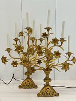 Front view of both gilt brass floral candelabra lamps with cords visible