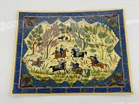 Full view of rectangular Persian Mughal style miniature painting with blue border