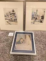 Three framed prints on carpet showing overall lot
