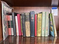 Full shelf of approximately 15 books including bagged comic and assorted cloth hardcovers