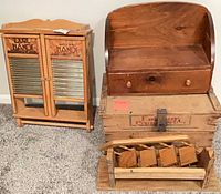 Washboard cabinet, crate, shelf, finials in tray