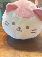Front view of cylindrical pink and white cat plush showing face embroidery