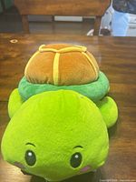 Front view of Aurora Torta Turtle plush showing green face and pancake shell