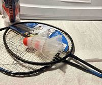 Two rackets, shuttlecock, shuttle tube visible