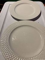 Top view showing pair of white plates with embossed lattice rims