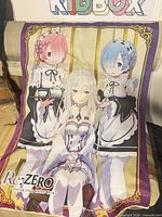 Full view of blanket showing Emilia, Rem and Ram artwork