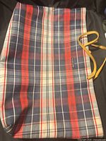 Full view of plaid tote front showing pattern and overall size