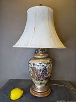 Front view of lamp with shade showing Geisha scene