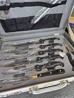 open case showing main knives wrapped in plastic