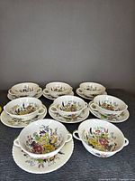 Group shot of all bowls and saucers displayed