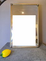 Full view of rectangular mirror with metal frame