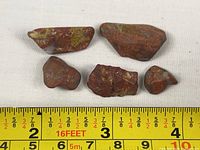 Five jasper pieces laid above measuring tape showing length scale