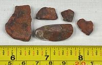 Five red poppy jasper stones beside ruler showing sizes