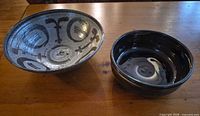Both pottery bowls side by side showing size difference and glazes