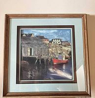 Front view of framed square seascape harbor print in wood frame