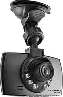 Front view of Blaupunkt BPDV168 dash camera showing lens, infrared LEDs, and suction mount
