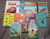 All ten childrens books laid out on floor