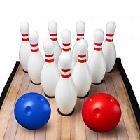 Set arranged on lane: 10 pins, red and blue balls visible
