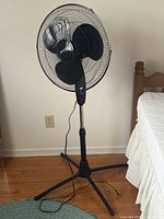 Full view of Living pedestal fan beside bed
