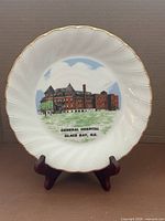 Front view of plate showing hospital illustration and gold rim