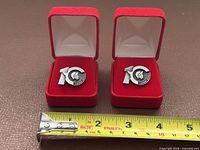 Two Ottawa Senators 10th anniversary pins in red presentation boxes beside ruler for scale