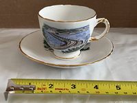 Cup on saucer showing scenic image and measuring tape for scale