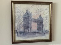 Full view of framed watercolor depicting Tower Bridge