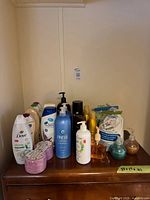 Group shot of all toiletries on dresser