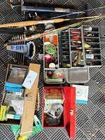 Overall view of lot: rods, tackle boxes, toolbox, pump, wrench set and accessories