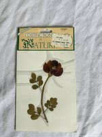 Front of sealed package showing pressed burgundy rose and Distinction in Nature branding