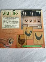 Front of sealed Wallies package showing branding, rooster design examples and quantity information