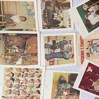 Nine of the colour prints laid out, showing Rockwell illustrations with cream borders and titles