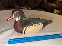 Left profile of painted wooden duck with ruler for scale