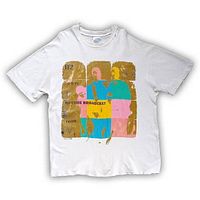 Front view of T-shirt showing multicolour band graphic
