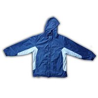 Navy nylon side with light blue panels and hood displayed flat