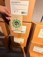 Shipping cartons labeled Joulz Energy Co. with hand showing packaged pendant card