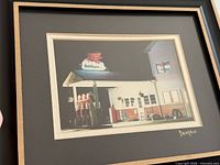 Full view of framed Mobilgas gas station photograph with signature visible