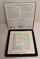 Open tin showing interior text and mounted holographic stamp