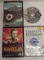 All four DVD items arranged: Baraka case, Keepers of the Loom disc, Letters from Karelia case, Complete Estonian sealed case