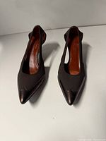 Front top view of both shoes showing pointed toes and open sides