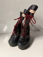 Front view of both Hunter boots showing tongues, laces and logo