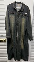Full front view of long denim jacket