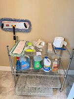 Overall lot on rack: mop, cleaning jugs, cords, mats