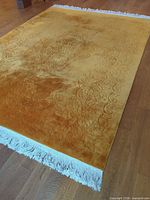 Full view of rug showing overall color, pattern and fringe