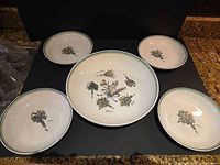 Set overview: one large bowl, four small bowls showing botanical designs and rim colours