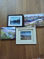 Group shot of all four framed prints on wood floor